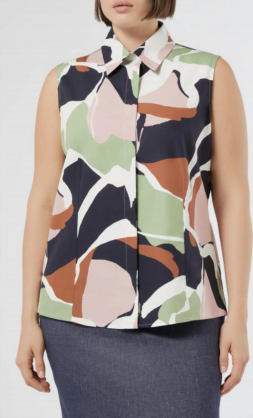 NEW MARINA RINALDI cotton poplin button-up shirt in green multi